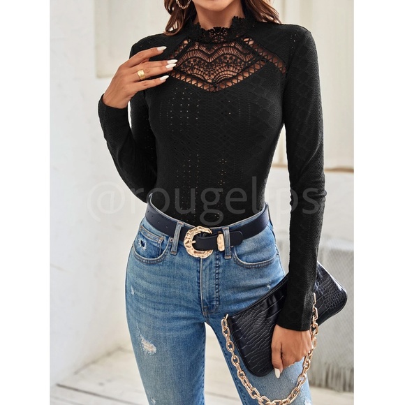 Black Lace Guipure Mock Neck Long Sleeve Tee Shirt - Picture 6 of 10